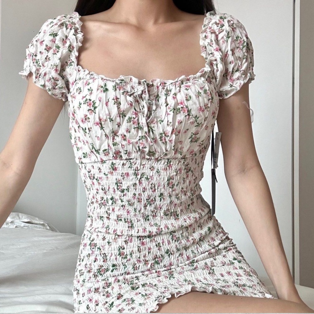 White Floral Smocked Mini Bodycon Dress